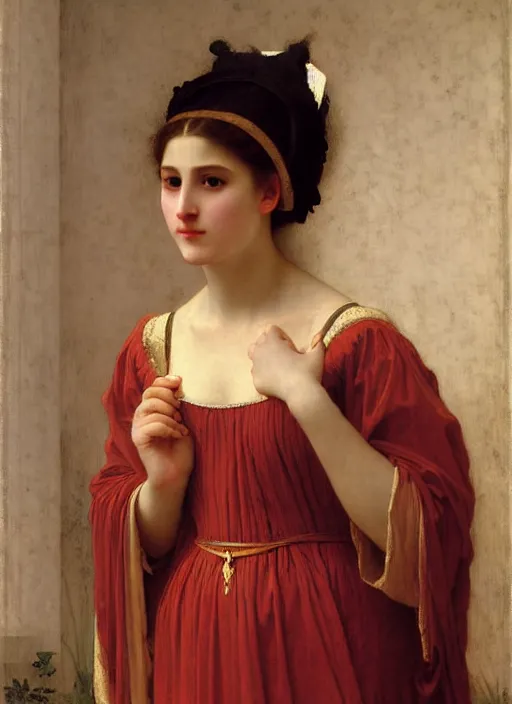 Prompt: portrait of young woman in renaissance dress and renaissance headdress, art by william - adolphe bouguereau