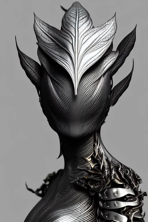 Image similar to bw close - up profile face, black background, beautiful young porcelain vegetal - dragon - cyborg - female, 1 5 0 mm, beautiful natural soft rim light, silver gold details, magnolia leaves and stems, roots, mandelbot fractal, elegant, ultra detailed, white metallic armour, octane render, h. r. giger style