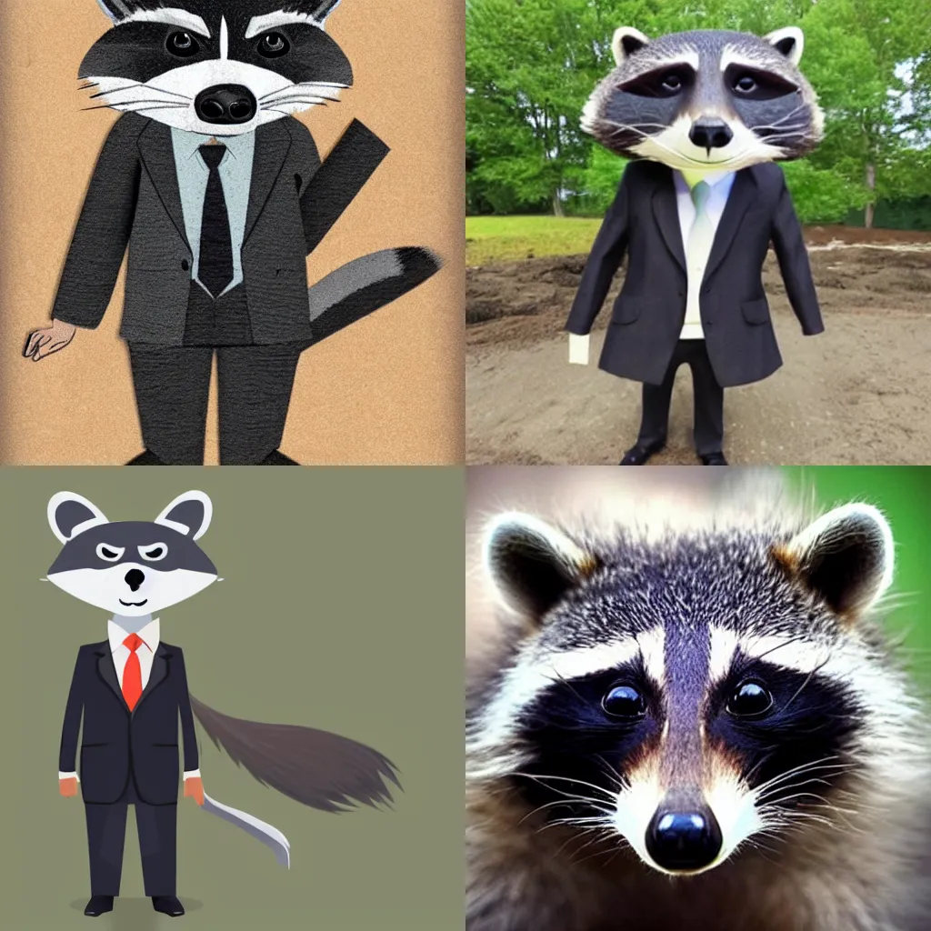 Prompt: a raccoon wearing a business suit