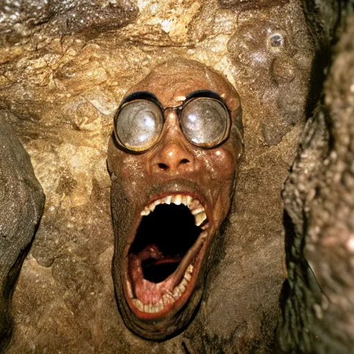 Prompt: photo inside a cavern of a wet reptilian humanoid miles davis partially hidden behind a rock, with black eyes, open mouth and big teeth