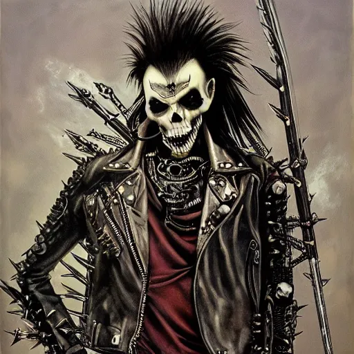 Image similar to a portrait of the grim reaper as a punk rocker, punk, skeleton face, mohawk, dark, fantasy, leather jackets, spiked collars, spiked wristbands, piercings, boots, guitars, motorcycles, ultrafine detailed painting by frank frazetta and vito acconci and takeshi obata, detailed painting