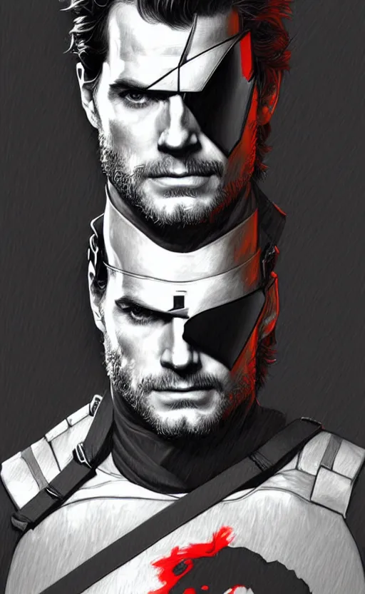 Image similar to portrait of henry cavill as solid snake, eye patch, metal gear solid, upper body,, henry cavill!!!, fantasy, intricate, elegant, highly detailed, digital painting, artstation, concept art, smooth, sharp focus, illustration, art by artgerm and greg rutkowski and alphonse mucha