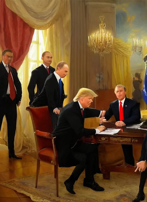 Prompt: donald trump handing off classified documents to vladimir putin by vladimir volegov and alexander averin and pierre auguste cot and delphin enjolras and peder mørk mønsted