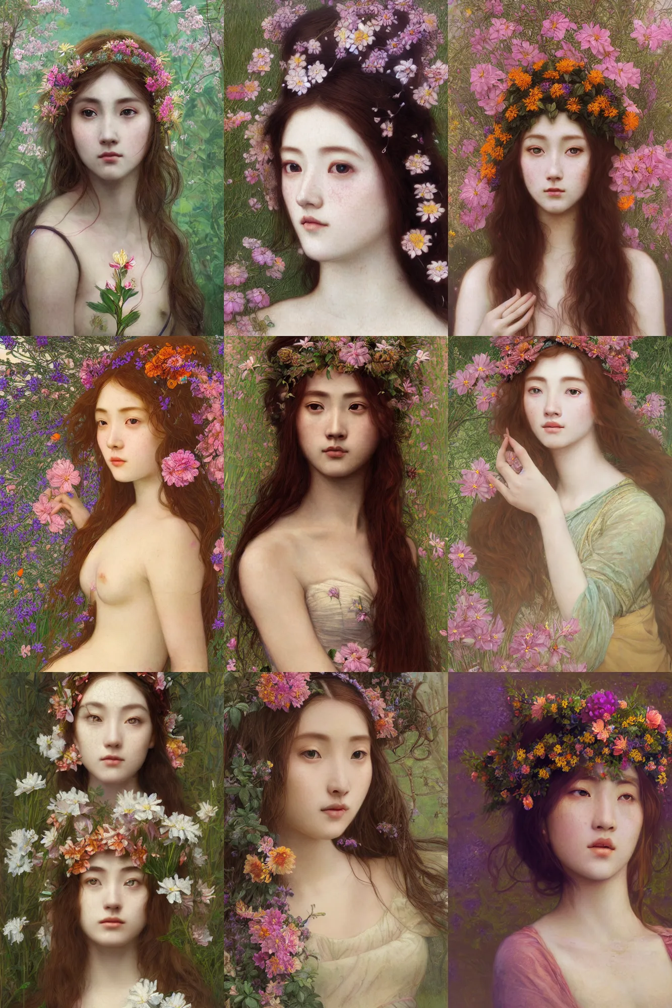 Image similar to Pre-raphaelite painting of a beautiful asian girl with freckles, wearing a flower headpiece, surrounded by big flowers, porcelain skin, cinematic lighting, photo realistic, highly detailed, maya, digital painting, artstation, concept art, sharp focus, illustration, by Mucha