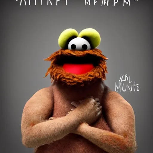 Image similar to a still of a forgotten muppet character looking very manly and modern, hilarious, laughing, hairy chest, huge chin, manly monster tough guy, roughled fur, photo real, photographic, photograph, artstation, trending, featured