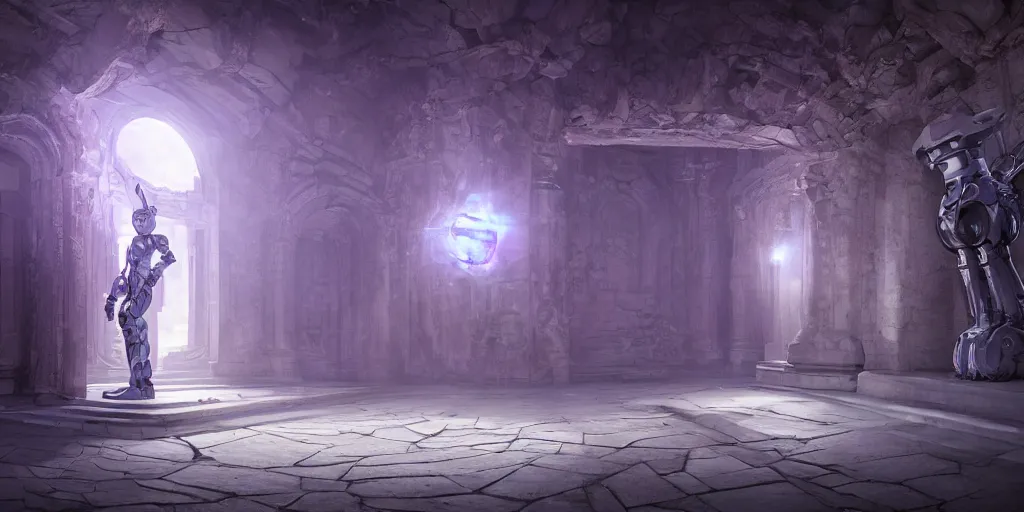 Image similar to a digital painting of a robot made of white stone, purple crystal inlays, by jonas de ro, keeping the entrance of a sanctum, cinematic lights, at dawn, unreal engine, attestation, deviantart
