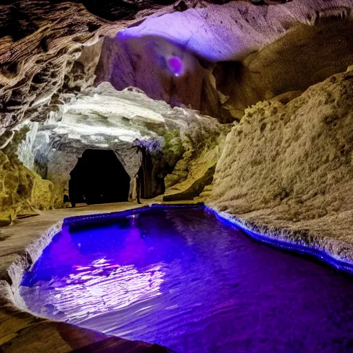 Image similar to inside a cave with a hot spring and the walls of made of amethyst, photo