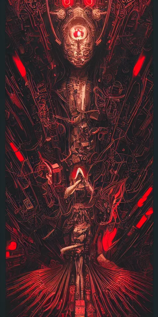 Image similar to cyberpunk warrior praying to the Core,red and black, detailed linework, cinematic, psychedelic, black paper, ornate, symmetrical, tarot card, highly detailed, ink illustration, style of peter mohrbacher, golden ratio, 8k,