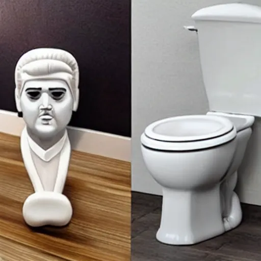 Image similar to toilet bowl that resembles elvis presley to an uncanny degree, ceramic elvis head that you can use as a toilet, interesting toilet design shape