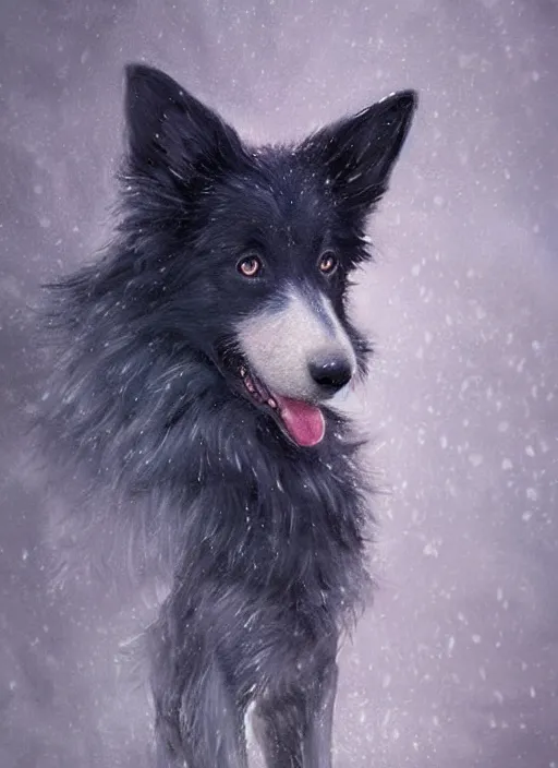 Prompt: full body portrait of a cute male anthropomorphic border collie fursona wearing a blue dog collar and standing in the rain, beautiful, model pose, realistic proportions, highly detailed, scenic background, trending on artstation, art by charlie bowater and henry asencio and and ross tran