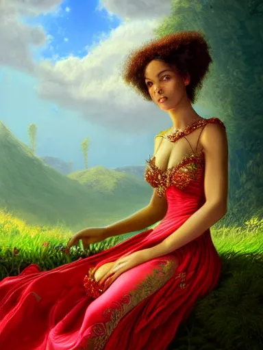 Prompt: venus, wearing a magnificent dress, sitting on a red divan in the middle of a beautiful green plains during spring. intricate, elegant, highly detailed, digital painting, artstation, concept art, sharp focus, illustration, by justin gerard and artgerm, 8 k