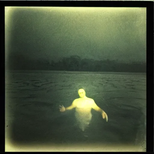 Image similar to semi translucent smiling @frog@ floating over misty lake in Jesus Christ pose, polaroid photography by Andrei Tarkovsky, paranormal, spiritual, mystical