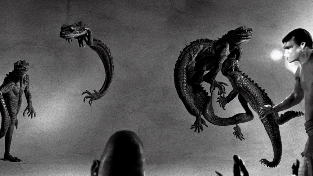 Image similar to movie scene of a man and a draconian humanoid, reptil, reptilian, movie still, cinematic composition, cinematic light, criterion collection, reimagined by industrial light and magic, Movie by David Lynch and Ridley Scott