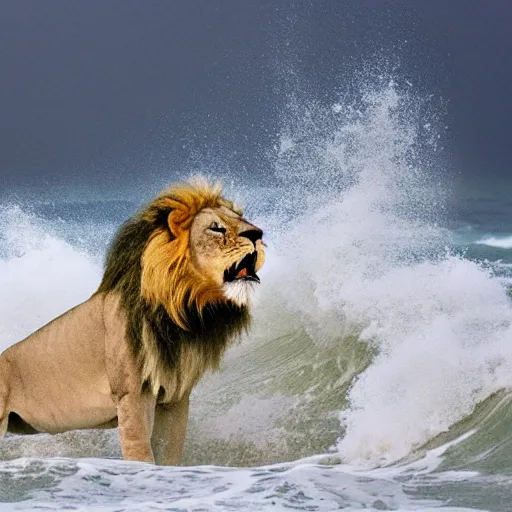 Image similar to a lion's face breaching through a wave, stormy weather