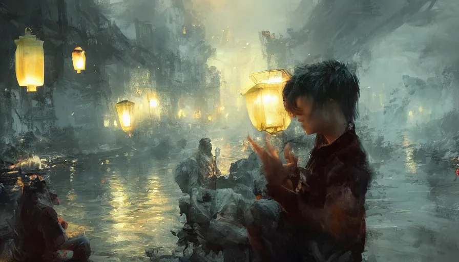 Prompt: craig mullins and wenjun lin zhongyuan festival ， lanterns ， river ， dark sky ， fire clouds ， ， village ， ghost ， unreal engine, hyper realism, realistic shading, cinematic composition, realistic render, octane render, detailed textures, photorealistic, wide shot