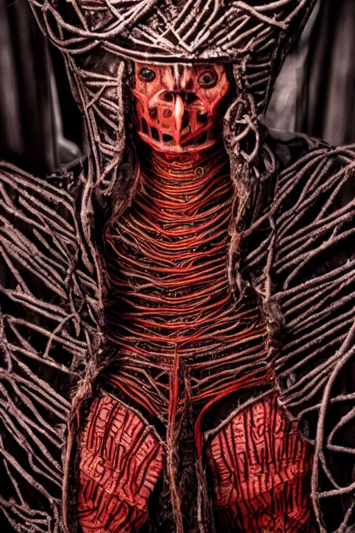 Image similar to dressed senobith, symmetrical, cinematic, elegant, dark, real photography, costume made by clive barker, 4 k, ultra hd, sense of awe