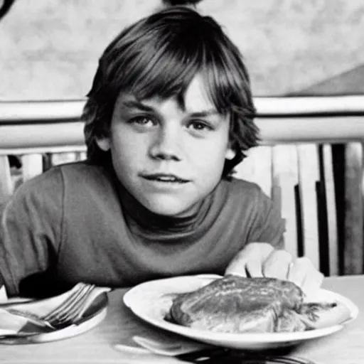 Image similar to portrait young luke skywalker sitting at a denny's restaurant eating a steak covered in ketchup