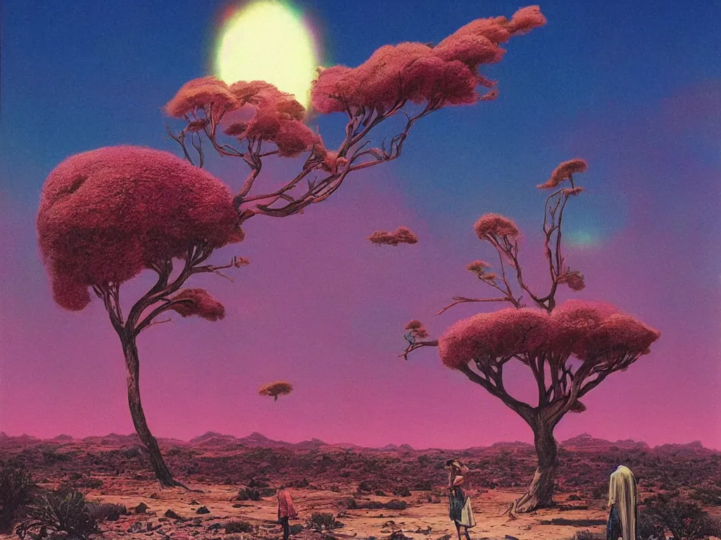 Prompt: a pink tree in a desert surrounded by an ocean on a strange planet, by bruce pennington, by sam freio, by thomas rome, by victor mosquera, juxtapoz, behance, dayglo, prismatic, iridescent