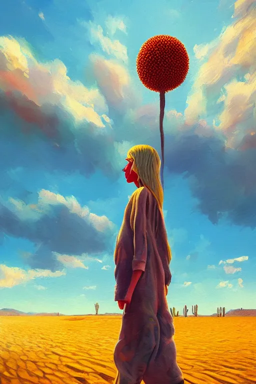 Image similar to giant corn flower head, girl walking in the desert, surreal photography, sunrise, dramatic light, impressionist painting, colorful clouds, digital painting, artstation, simon stalenhag