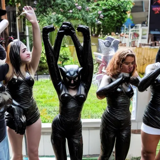 Prompt: a group of cats worshipping a statue of catwoman