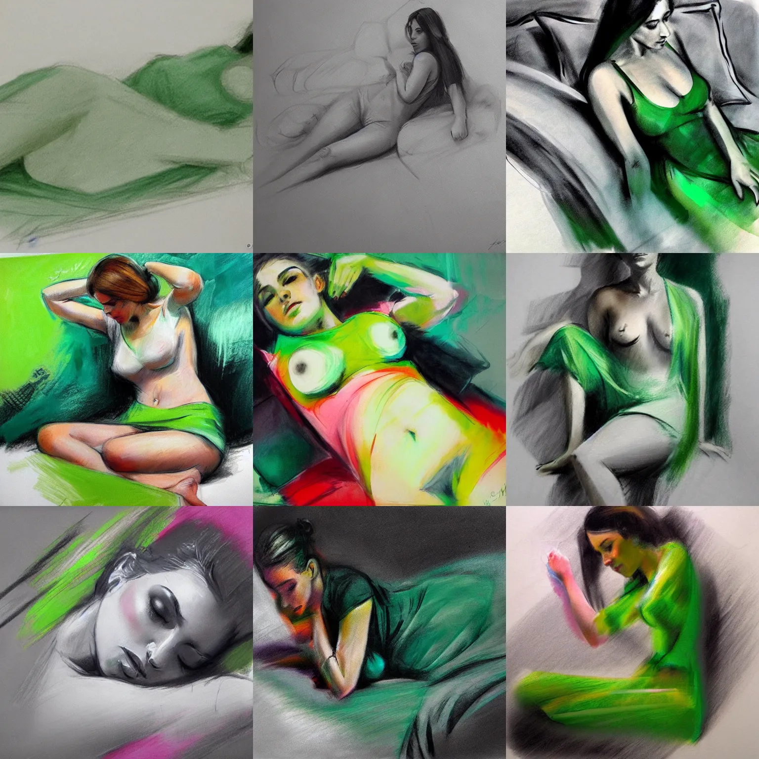 Prompt: abstract charcoal sketch, colorful, green, woman, bed, vladimir volegov