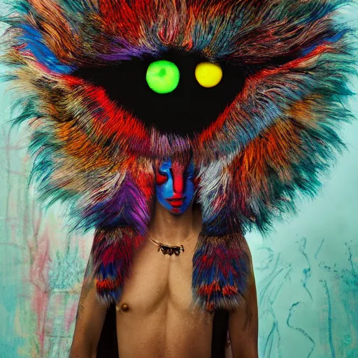 Image similar to a photography of a shamanic creature with big painted eyes and multiple layers of fabric and fur by charles freger