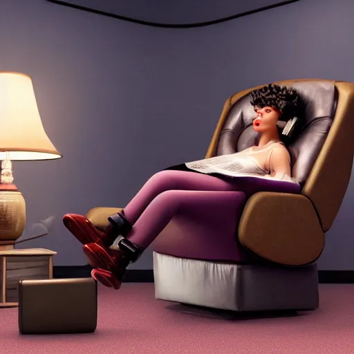 Image similar to futuristic studious matte brown and red and chrome full-body humanoid robot with two huge round expressive sad purple glowing LED eyes and open rectangular mouth sitting on a large comfortable cushioned 1950s vintage recliner reading a newspaper. open newspaper. full shot Cinematic Movie Photograph, Arri Alexa, Extremely Detailed, smooth, very very clean, white cyc, white background, 8K, octane render, maya render, unreal engine, trending on artstation, DSLR, excellent composition, center frame