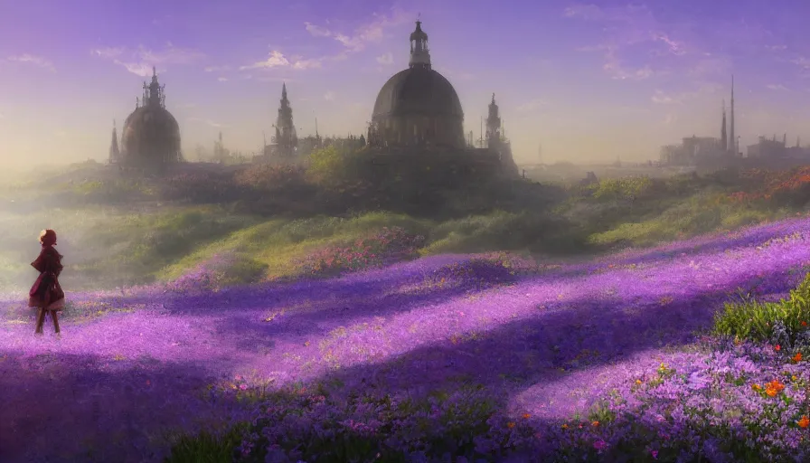 Prompt: over the shoulder landscape midjourney painting of violet evergarden standing on a distant colorful flower hill, behind it a distant old european city leiden from violet evergarden next to the reflecting ocean, ocean, sunshine, fantasy, intricate, elegant, highly detailed, digital painting, artstation, blender, unreal engine 5, octane render, smooth, sharp focus, illustration, by Anton Fadeev and Philipp A. Urlich and Pengzhen Zhang and Andreas Rocha