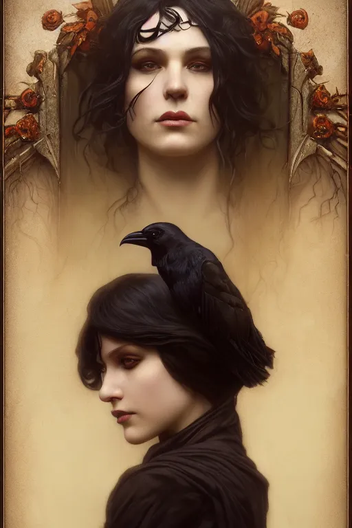 Image similar to a portrait of the Raven Queen, bored, illustration, dramatic lighting, soft details, painting oil on canvas, art nouveau, octane render, HDR, 4k, 8k, HD, by Edmund Blair Leighton, Brom, Charlie Bowater, trending on artstation, Tom Bagshaw faces by otto Schmidt