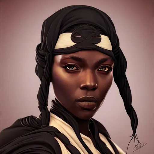 Prompt: black germanic, irish female, jedi master, wearing the traditional jedi robe, beautiful and uniquely odd looking, detailed symmetrical close up portrait, intricate complexity, in the style of artgerm and ilya kuvshinov, magic the gathering, star wars art
