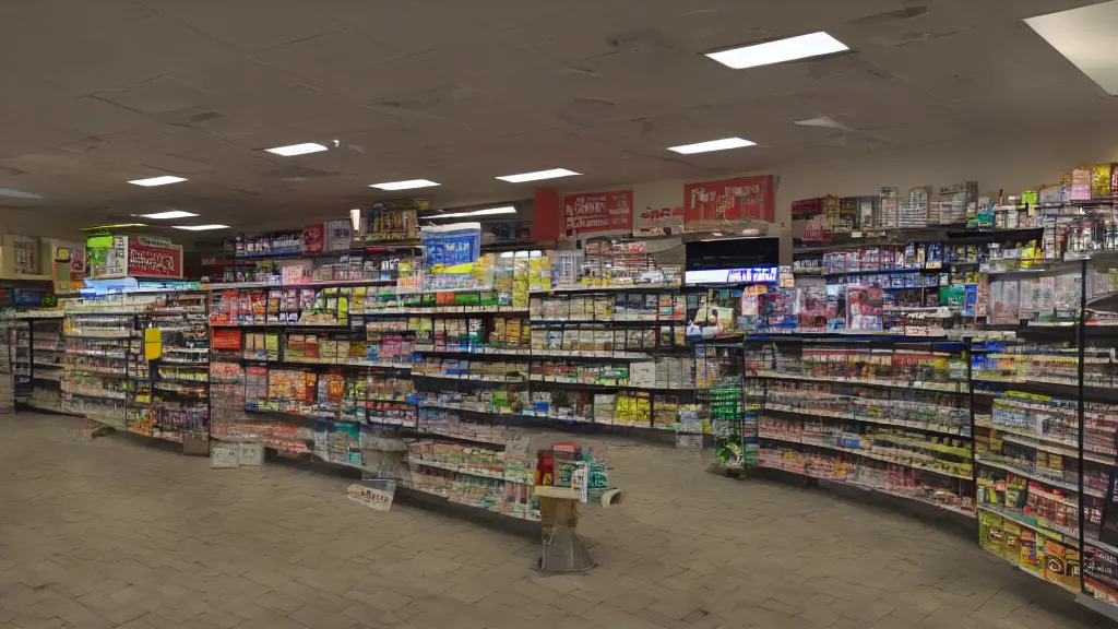 Prompt: empty convenience store, liminal space, serene lighting