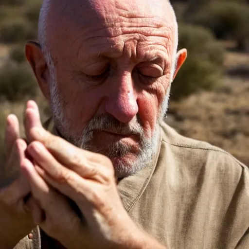 Prompt: mike ehrmantraut meditating in the desert