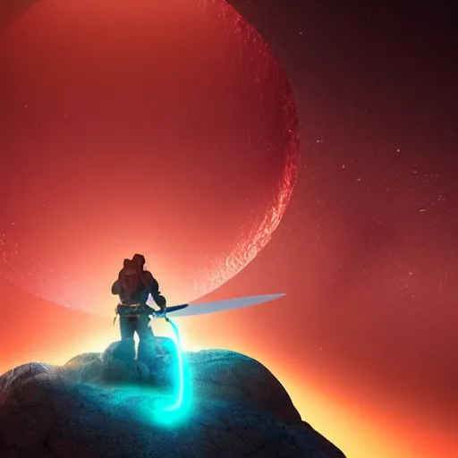 Image similar to sword standing on a glowing rock, distant planet in background, fog, glow, sharp, 4 k, lens flare, highly detailed digital art, trending on artstation