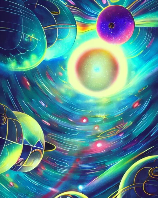 Prompt: multiverse painting, colorful, scifi, experimental, spheres. portals, black holes, wormholes, rays of light, highly detailed, cheerful, by studio ghibli, kun vic, masterpiece, award winning