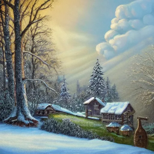 Prompt: beautiful oil painting, snowy woodland meadow, log cabin, smoke billowing from chimney, evening, light from window, water stream, water wheel, oak trees, pine trees, rabbits, squirrel, fox, mild breeze wind, snow falling, snow on trees and ground, mountain in background, high detailed