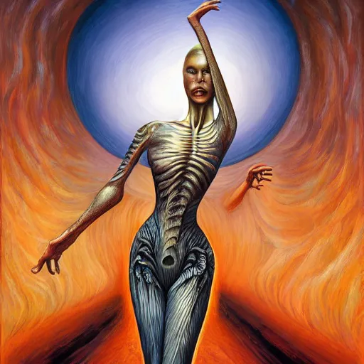 Image similar to a woman dancing with fire by dariusz zawadzki, vladimir kush, h.r. giger, alex gray and jeffrey smith, oil on canvas, 8k highly professionally detailed, trending on artstation