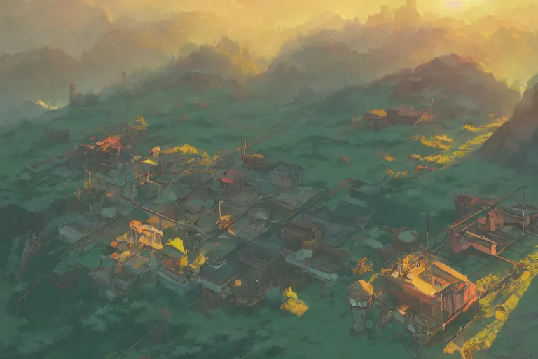 Prompt: abandoned steam punk village on a mountain look from above, fogged in the colorful clouds style of makoto shinkai studio ghibli, james gilleard greg rutkowski chiho aoshima, rule of thirds golden ratio, fake detail, trending pixiv fanbox