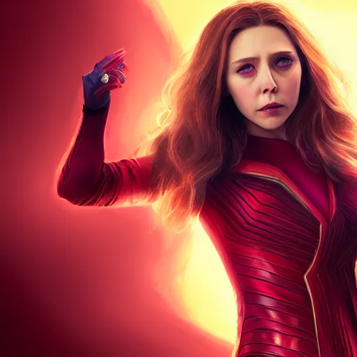 Image similar to Elizabeth Olsen as the Scarlet Witch, Elizabeth Olsen wearing Scarlet Witch attire and makeup, photorealistic imagery, trending on artstation, 4k, 8k