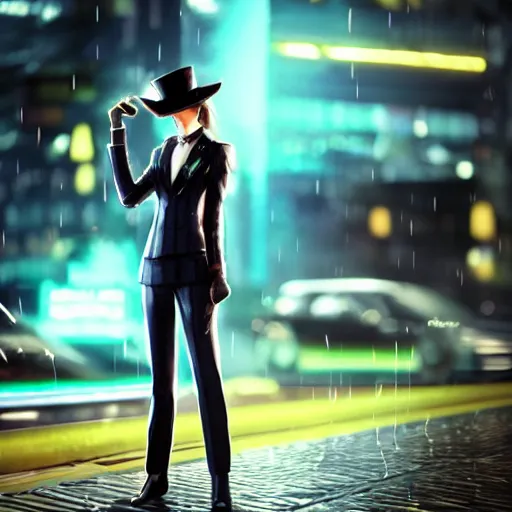 Image similar to stylish anime woman made out of rain, pinstripe suit, top hat, cyberpunk background, rendered in octane, unreal engine, raining, highly detailed, trending on artstation, realistic, neon, beautiful