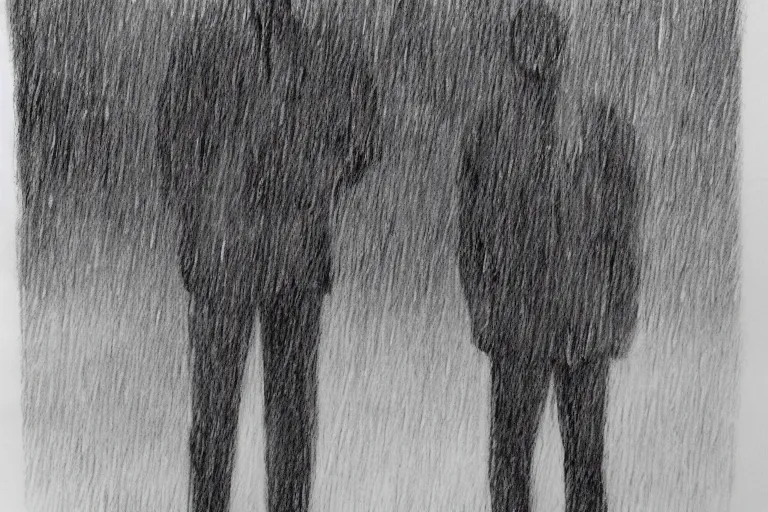 Image similar to a drawn man standing in the rain.