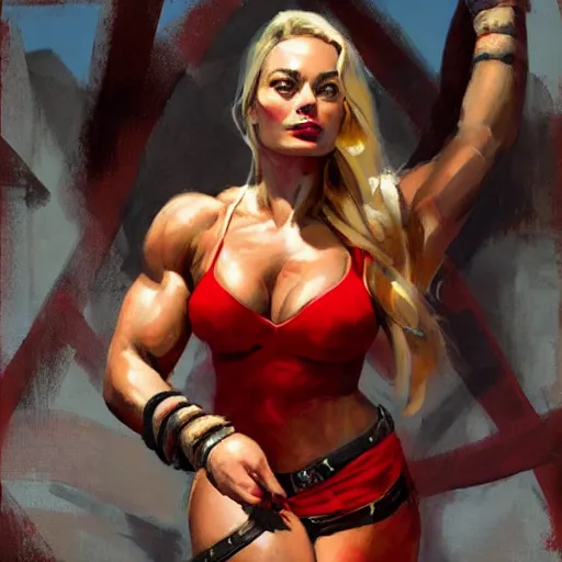 Image similar to greg manchess portrait of margot robbie as thick female bodybuilder lara croft wearing red dress, epic grimdark, fantasy, medium shot, asymmetrical, profile picture, organic painting, sunny day, matte painting, bold shapes, hard edges, street art, trending on artstation, by huang guangjian and gil elvgren and sachin teng