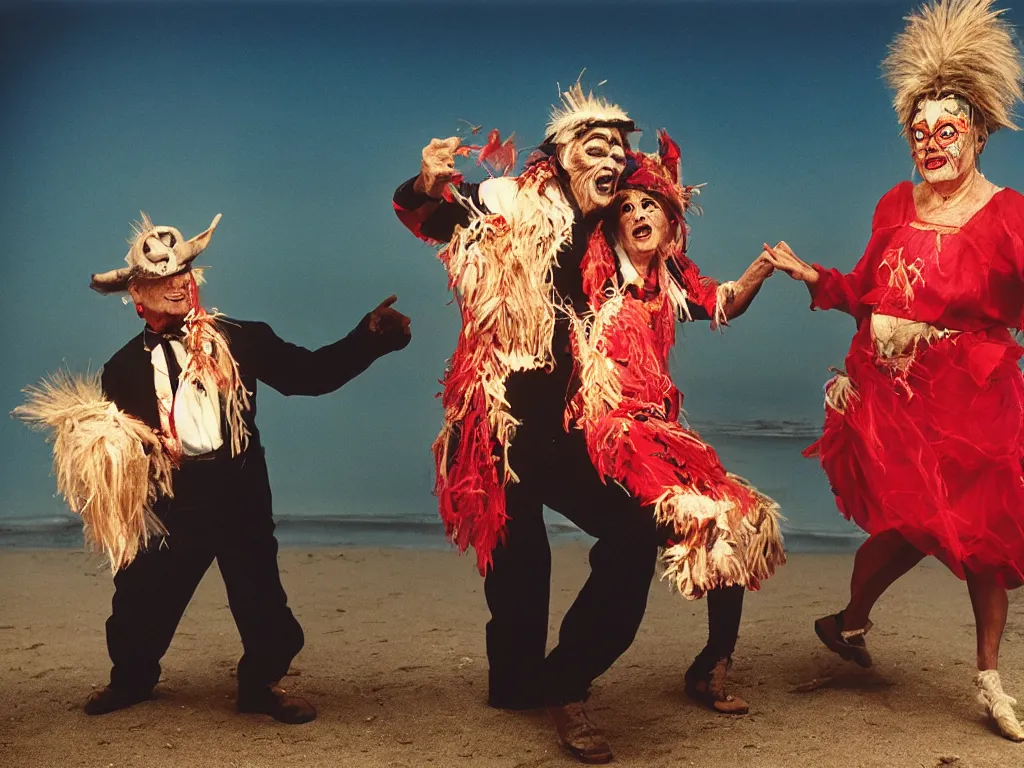 Image similar to a couple of grandparents of 1 0 0 years old wearing cursed costumes and dancing on a beach, extreme long shot, kodachrome, backlight, add a glow around subj. edge, in twin peaks, studio light, 1 9 9 0 s