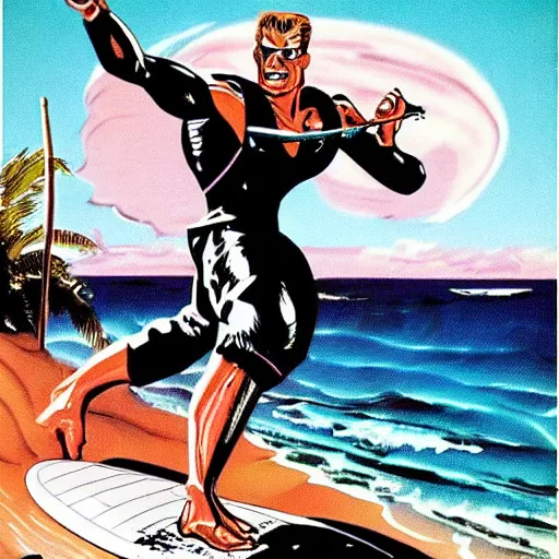 Image similar to the terminator surfing usa 1 9 5 0 s color illustration