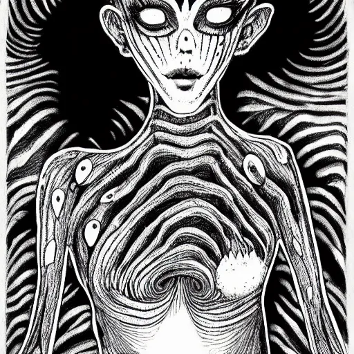 Prompt: black and white illustration creative design, cat, junji ito, body horror