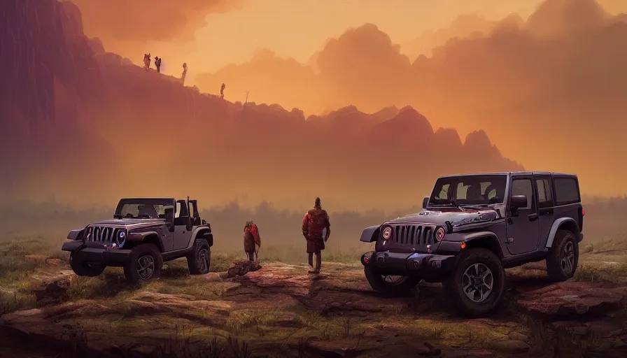 Prompt: single jeep wrangler, tribe members watching nearby, an epic fantasy, dramatic lighting, cinematic, establishing shot, extremely high detail, photorealistic, cinematic lighting, artstation, by simon stalenhag, horizon forbidden west