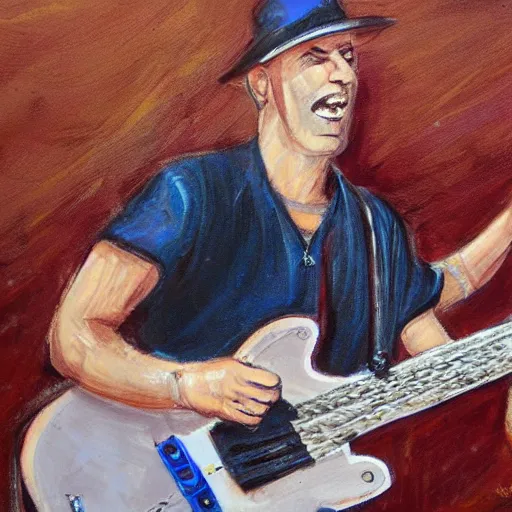 Image similar to concept art of a black mouth cur playing guitar