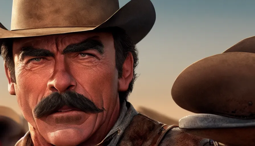 Image similar to tom selleck in a western movie, hyperdetailed, artstation, cgsociety, 8 k