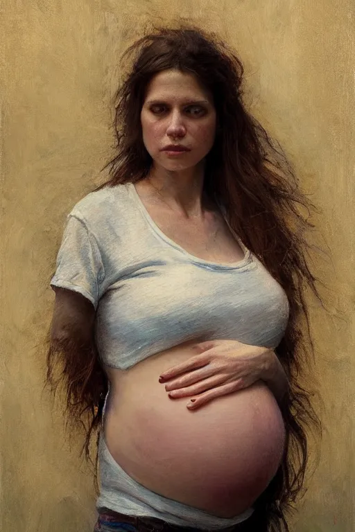 Prompt: pregnant woman in t-shirt by Alyssa Monks, Gaston Bussiere. full-shot, urban dystopia, hyper realism, realistic proportions, dramatic lighting, high detail 4k