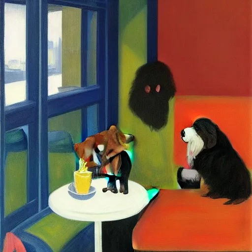 Image similar to Black Goldendoodle with a bright face and a puppy sitting at a diner drinking a cup of coffee, looking melancholy, edward hopper