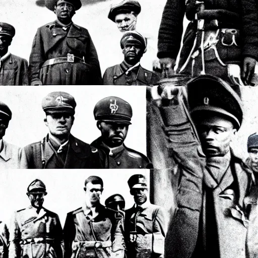 Image similar to 8 k, uhd, historical pictures of nazi hire some black american gangster crips to soviet border, highly detailed form, highly details